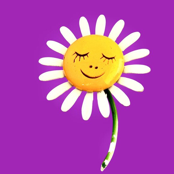 Vintage 1960s Enameled Metal Flower Daisy Brooch with Cartoon Face as is - Picture 7 of 11